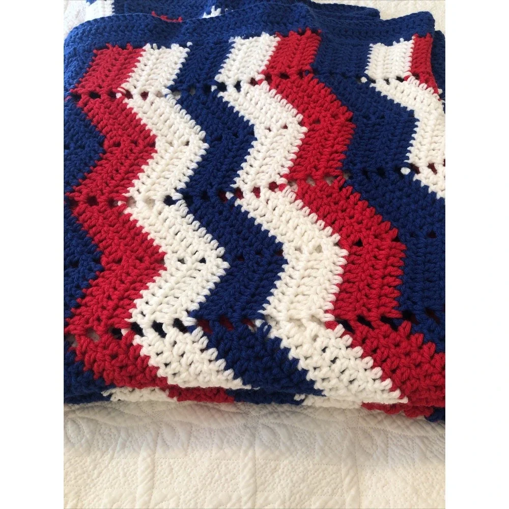 Granny Blanket Crochet Red White Blue Patriotic Americana Handmade Throw 32 X38